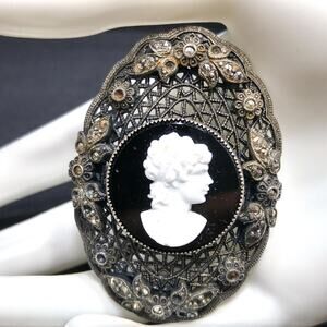 Vintage Antique Glass Cameo Marcasite Brooch, Oval Filigree Back, 2 1/2 Inches